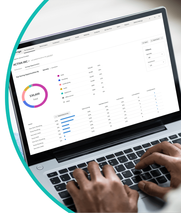 Facility Manager uses Corrigo Business Intelligence Service Provider Insights Dashboard to view data insights on their laptop computer